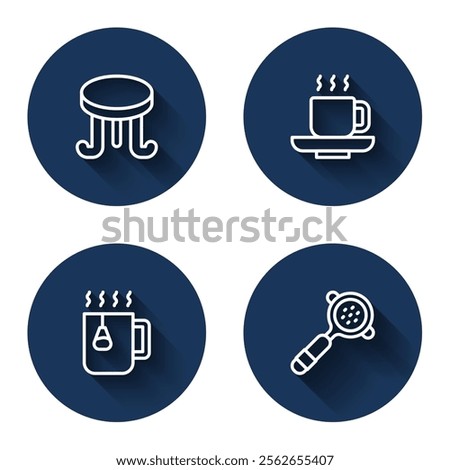 Set line Coffee table, cup, Cup tea with bag and filter holder with long shadow. Blue circle button. Vector