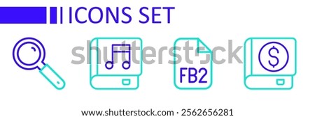 Set line Financial book, FB2 File, Audio and Magnifying glass icon. Vector