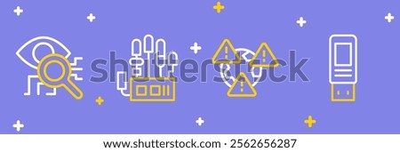 Set line USB flash drive, Earth with exclamation mark, Mechanical robot hand and Eye scan icon. Vector