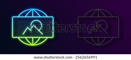 Glowing neon line Wide angle picture icon isolated on black background. Panorama view.  Vector