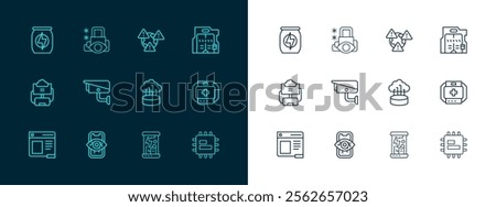 Set line Futuristic sliding doors, Computer vision, Network cloud connection, Cryogenic capsules, Security camera, Earth with exclamation mark, Energy drink and Cyber security icon. Vector