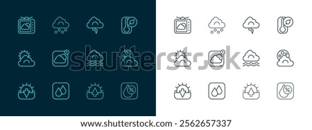 Set line Thermometer, Water drop, Fog and cloud, Sunrise, Weather forecast app, Cloud lightning,  and Hail icon. Vector