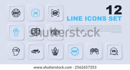 Set line Gamepad, Virtual reality, 3d modeling, 360 degree view, glasses, Augmented AR and  icon. Vector