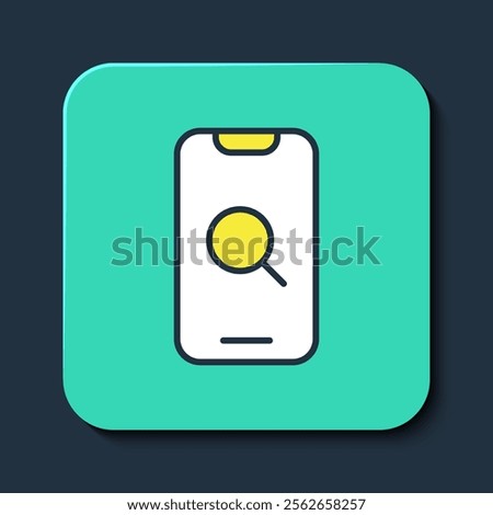 Filled outline Magnifying glass and mobile icon isolated on blue background. Search, focus, zoom, business symbol. Turquoise square button. Vector