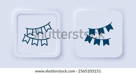 Filled and outline Carnival garland with flags icon isolated on grey background. Party pennants for birthday celebration, festival decoration. Square button. Vector