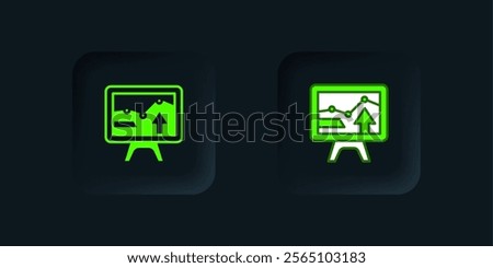 Green Computer monitor with graph chart icon isolated on black background. Report text file icon. Accounting sign. Audit, analysis, planning. Black square button. Vector