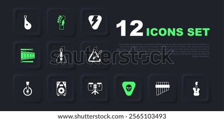 Set Pan flute, Electric bass guitar, Balalaika, Guitar pick, Xylophone, Stereo speaker, neck and Conga drums icon. Vector