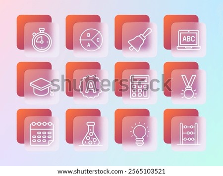 Set line Laptop, Test tube, Calculator, Creative lamp light idea, Exam sheet with A plus grade, Ringing bell, Stopwatch and Pie chart infographic icon. Vector