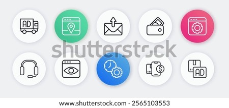 Set line Time management, Browser setting, Headphones, Mobile with dollar, Wallet money, Mail and e-mail, Advertising and Personal information collection icon. Vector