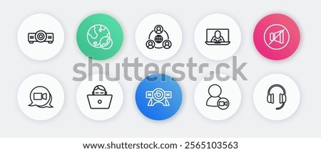 Set line Web camera, Mute microphone, Video chat conference, Meeting, Headphones and Freelancer icon. Vector