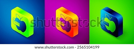 Isometric Apple and measuring tape icon isolated on blue, purple and green background. Excess weight. Healthy diet menu. Fitness diet apple. Square button. Vector