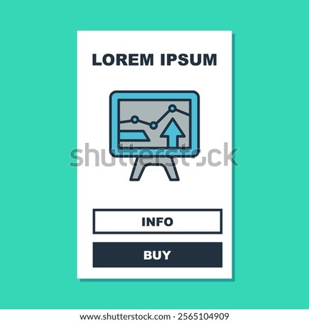 Filled outline Computer monitor with graph chart icon isolated on turquoise background. Report text file icon. Accounting sign. Audit, analysis, planning.  Vector