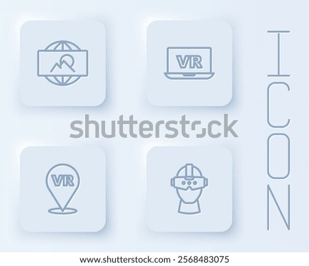 Set line Wide angle picture, Virtual reality,  and glasses. White square button. Vector