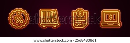 Set line Discount percent tag, Office folders, Contract money and Laptop with dollar. Glowing neon icon. Vector