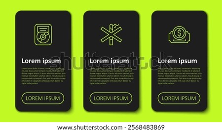 Set line CD disk award in frame, No smoking and Cinema ticket. Business infographic template. Vector