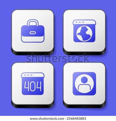 Set Briefcase, Worldwide, Page with 404 error and Create account screen icon. White square button. Vector