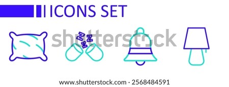 Set line Table lamp, Ringing bell, Sleeping pill and Pillow icon. Vector