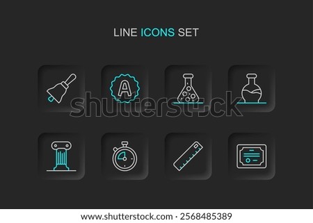 Set line Certificate template, Ruler, Stopwatch, Law pillar, Test tube, Exam sheet with A plus grade and Ringing bell icon. Vector