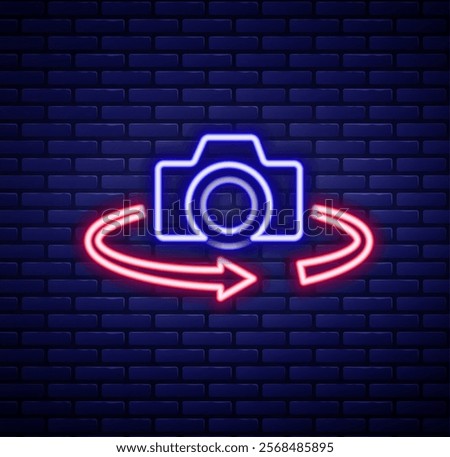 Glowing neon line 360 degree view icon isolated on brick wall background. Virtual reality. Angle 360 degree camera. Panorama photo. Colorful outline concept. Vector