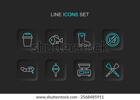 Set line Crossed oars or paddles boat, Electronic scales, Fishing float, Inflatable with motor, Speaker mute, boots,  and bucket icon. Vector