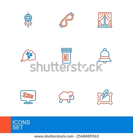 Set line Pillow, Sheep, Sleepy, Ringing bell, Sleeping pill, Window with curtains and Eye sleep mask icon. Vector