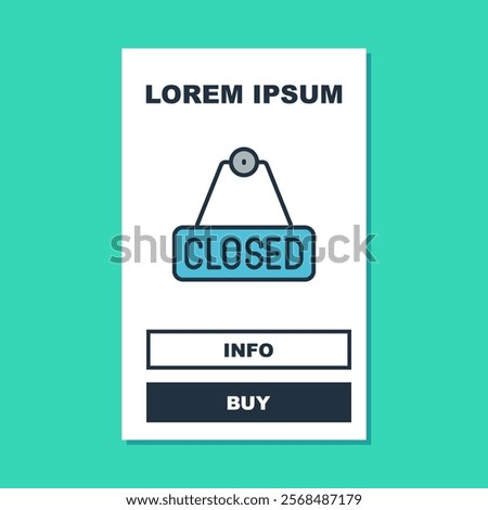 Filled outline Hanging sign with text Closed icon isolated on turquoise background. Business theme for cafe or restaurant.  Vector