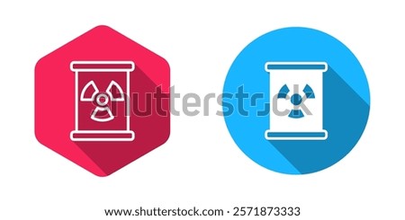 Filled and outline Radioactive waste in barrel icon isolated with long shadow background. Toxic refuse keg. Radioactive garbage emissions, environmental pollution.  Vector