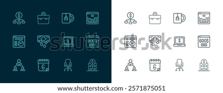 Set line Browser with stocks market, Calendar, Laptop dollar, Office chair, Stacks paper money cash, Cup of tea, Hierarchy and Briefcase icon. Vector