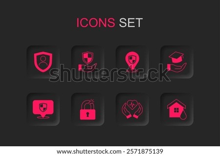 Set Broken or cracked lock, Shield in hand, Life insurance with shield, Education grant, House flood, Location and  icon. Vector