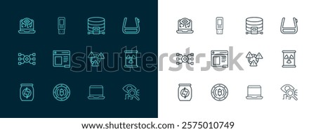 Set line Smart glasses on spectacles, Cryptocurrency coin Bitcoin, Earth with exclamation mark, Laptop, Browser window, Cloud database, Computer vision and USB flash drive icon. Vector