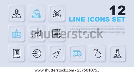 Set line Pear, Test tube, Chalkboard, School Bus, Identification badge, Pie chart infographic, backpack and Ringing bell icon. Vector