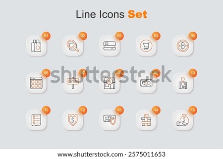 Set line Money bag, Gift box, with shield, Shield dollar, Shopping list, Seller, Stacks paper money cash and Market store icon. Vector