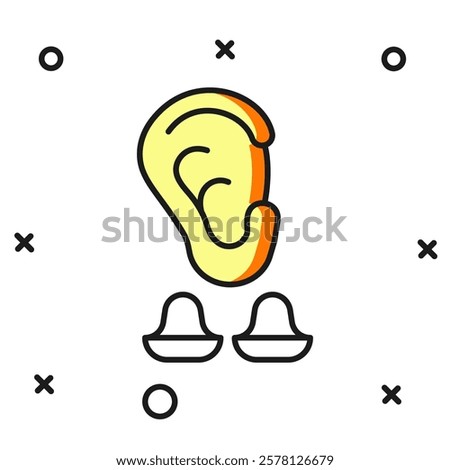 Filled outline Earplugs and ear icon isolated on white background. Ear plug sign. Noise symbol. Sleeping quality concept. Flat filled outline style with shadow. Vector