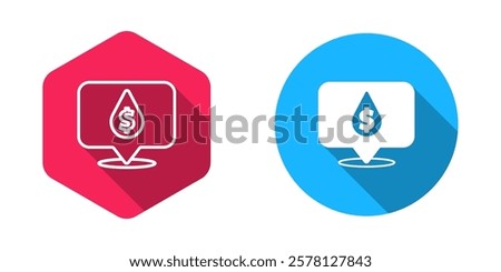 Filled and outline Oil drop with dollar symbol icon isolated with long shadow background. Oil price. Oil and petroleum industry.  Vector