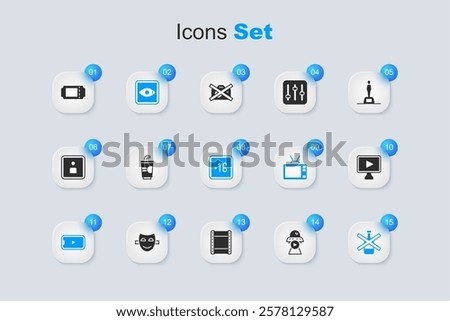 Set Science fiction, Paper glass with water, Rating movie, Online play video, No alcohol, Cinema ticket and Plus 16 icon. Vector