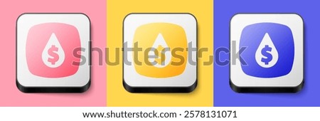 Isometric Oil drop with dollar symbol icon isolated on pink, yellow and blue background. Oil price. Oil and petroleum industry. Square button. Vector