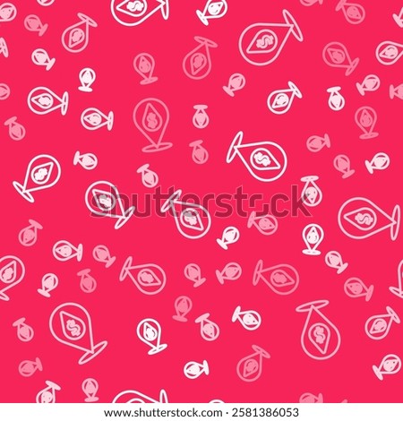 White line Oil drop with dollar symbol icon isolated seamless pattern on red background. Oil price. Oil and petroleum industry.  Vector