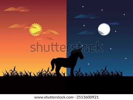 Day and Night Portrait Background with Horse Silhouette 