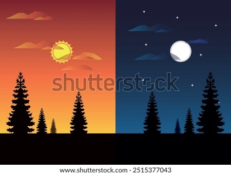 Day and Night Portrait Background with Trees Silhouette