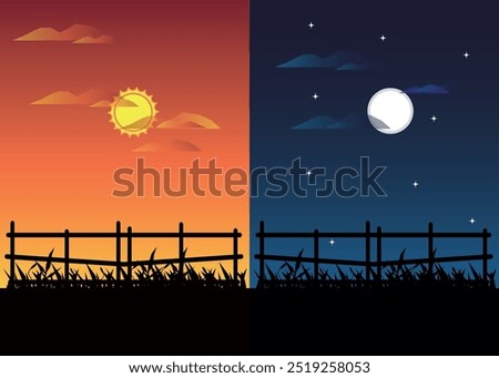 Day and Night Portrait Background with Wooden Fence