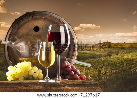 red and white wine with barrel on vineyard