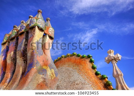 BARCELONA - FEBRUARY 18: The famous architect GaudiÂ­ treated rooftop chimneys like pieces of art on the rooftop of the house Casa Batllo on February 18, 2011 Barcelona, Spain