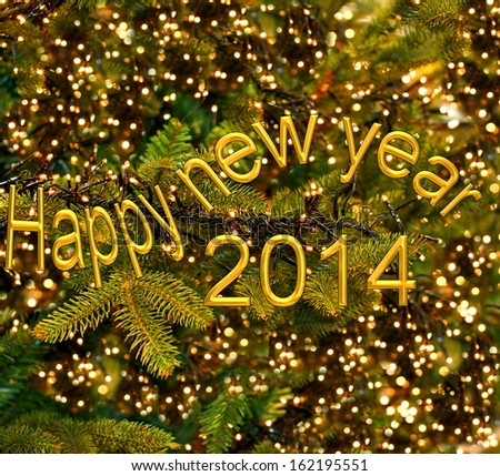 Happy New Year 2014 wish with a background of christmas lights hanging in a tree