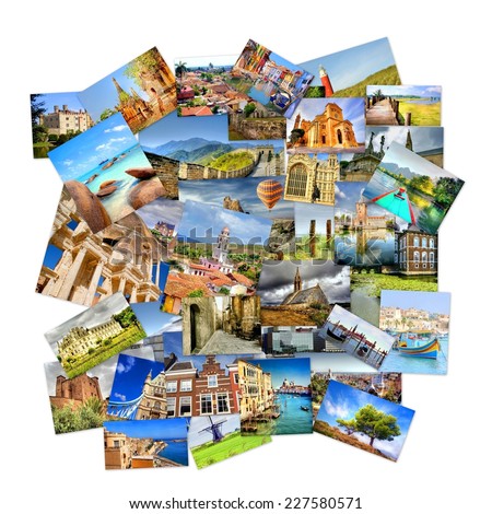 collection of photo\'s with travel destinations from all over the world isolated on a white background