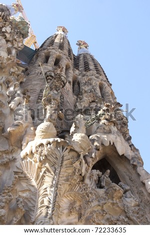 BARCELONA - FEBRUARY 18: The Nativity facade was the first facade to be completed on the Sagrada Familia created by Gaudi .Its dedicated to the birth of Jesus on February 18, 2011 Barcelona Spain