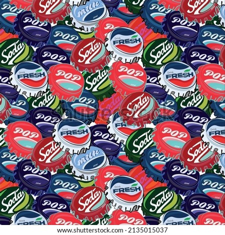 Seamless pattern with colorful pop art objects different bottle caps