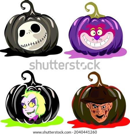 Vector graphics four pumpkins, images of various scary cartoon and movie characters, Freddy Krugerr, Beetlejuice, Cheshire cat, Jack Skellington.