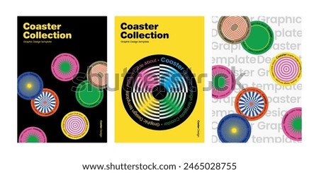 Template poster design circle coaster collection graphic design wrapper dartboard target board vinyl recode style element geometric abstract colorful vivid radial star circular print layout typography