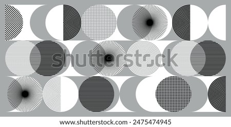 Modern abstract background pattern design geometric shapes halftone line radial textures. Minimalistic geometric pattern in Scandinavian style. Trendy vector graphic elements for your unique design.