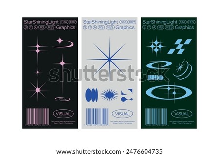 Ticket label receipt print y2k elements simple star futuristic shapes remix shining light sparkle bling barcode layout graphic design template set banner flyer web mobile contents digital logo minima